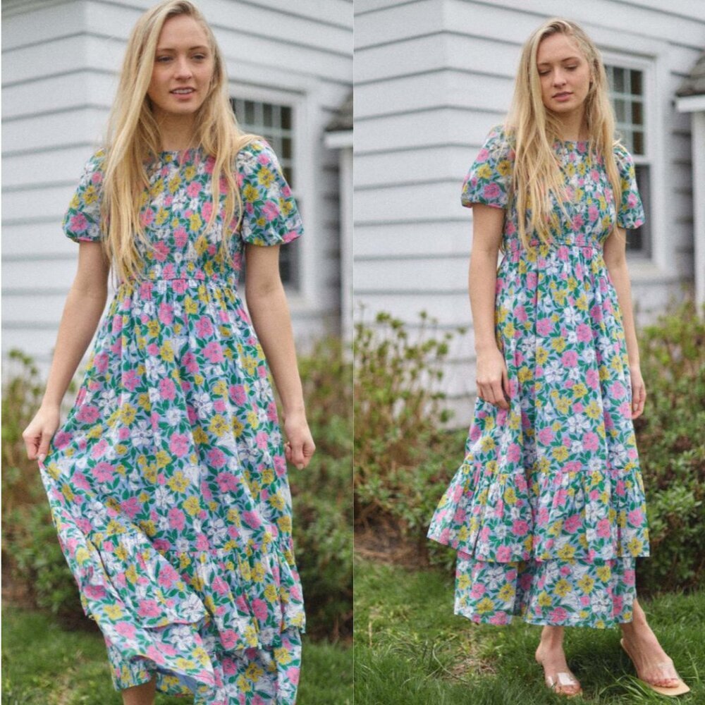 Banjanan Floral Maxi Dress in Blue, Pink, Yellow & Green